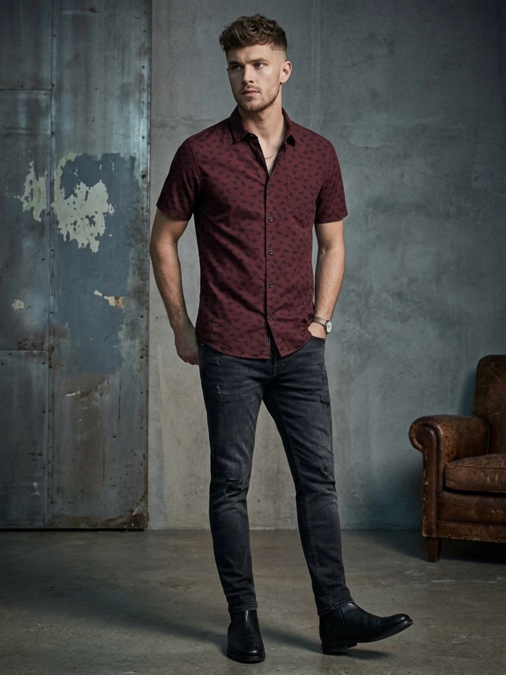 ALLSAINTS Havre Menx XS Short Sleeve Button Up Shirt Burgundy Feather Viscose
